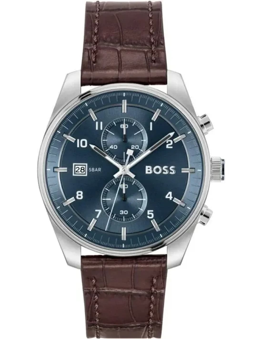Hugo Boss 1514194 montre homme, Bleu cadran, bracelet cuir marron, style Skytraveller