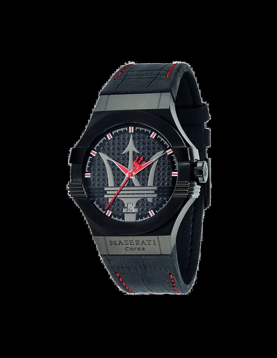 Maserati R8851108010 montre homme, cadran noir, bracelet cuir à surpiqûres rouges