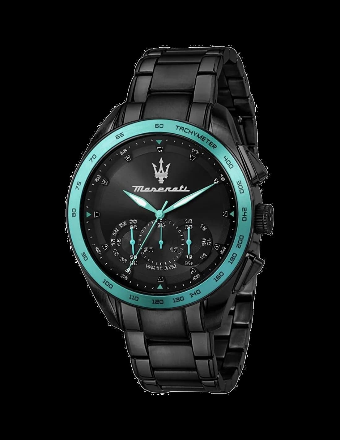 Maserati R8873644002 montre homme, cadran noir, index turquoise, bracelet acier