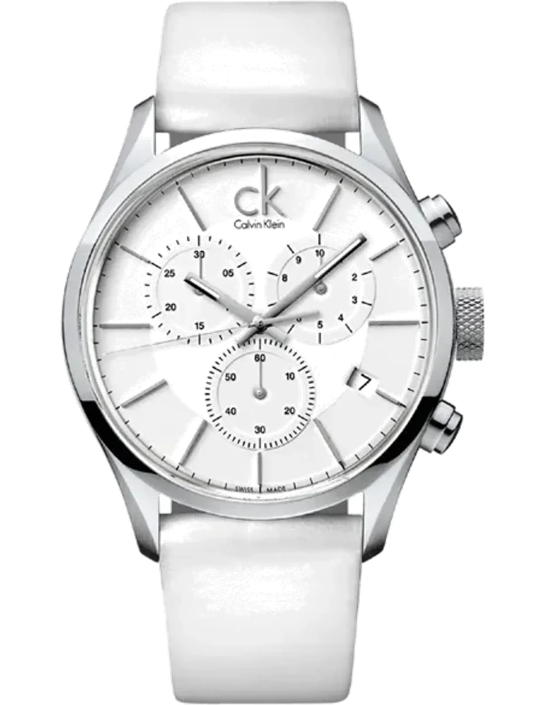 Montre Homme Calvin Klein Masculine K2H27101 chronographe quartz cadran blanc bracelet cuir blanc