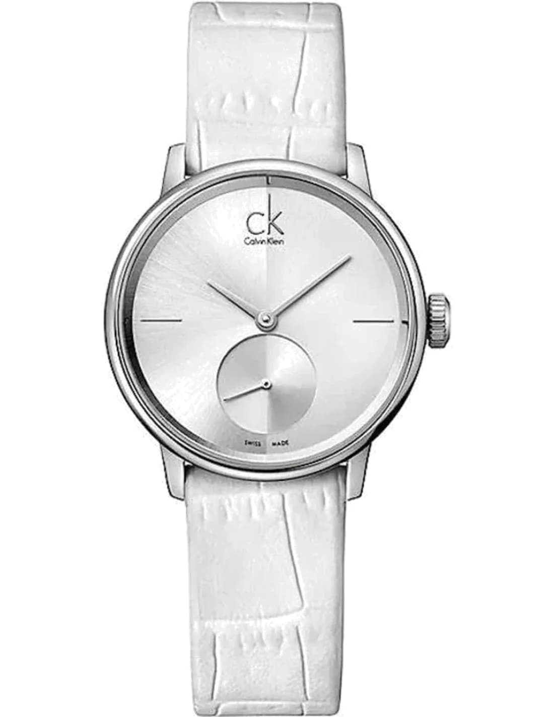Calvin Klein Accent K2Y231K6 Quartz Silver Dial White Leather Strap Women’s Watch