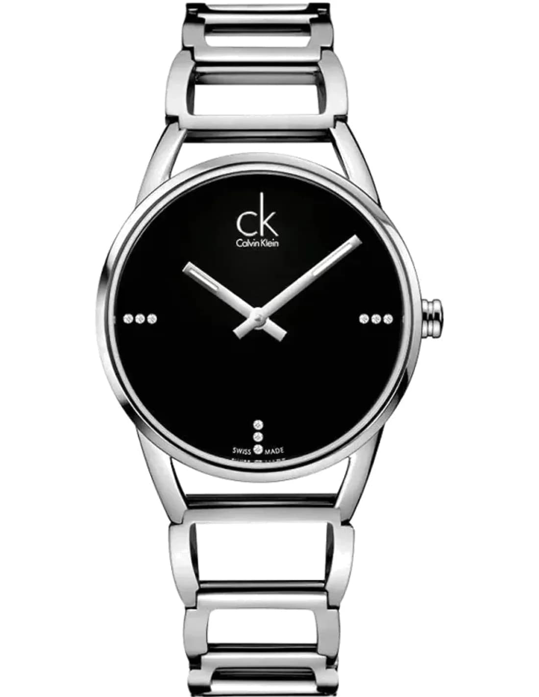 Montre Femme Calvin Klein Swiss Made K3G2312S quartz cadran noir bracelet en acier inoxydable argenté