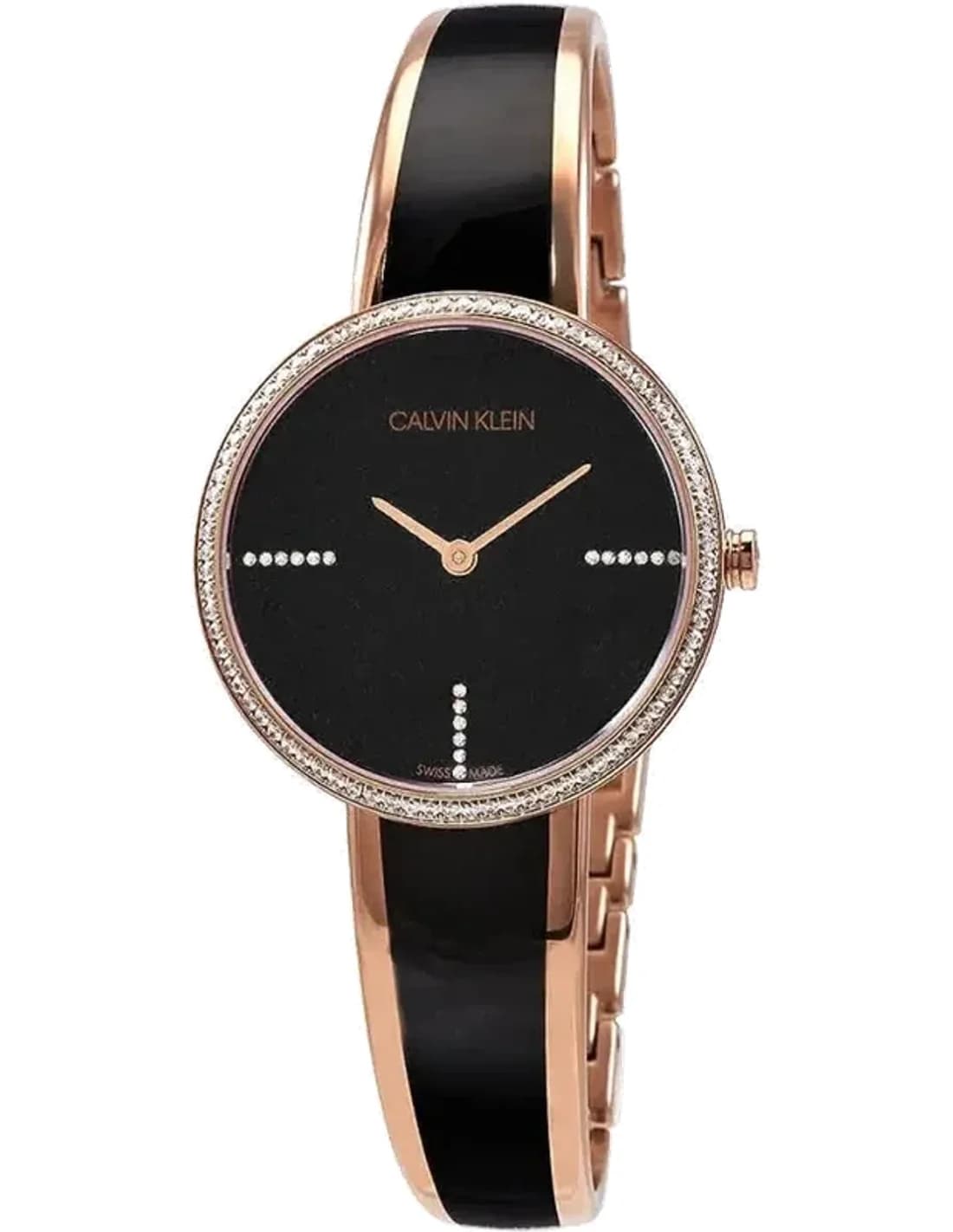 Calvin Klein Seduce Seduction K4E2NX1S quartz black dial two-tone rose gold tone stainless steel bangle women’s watch