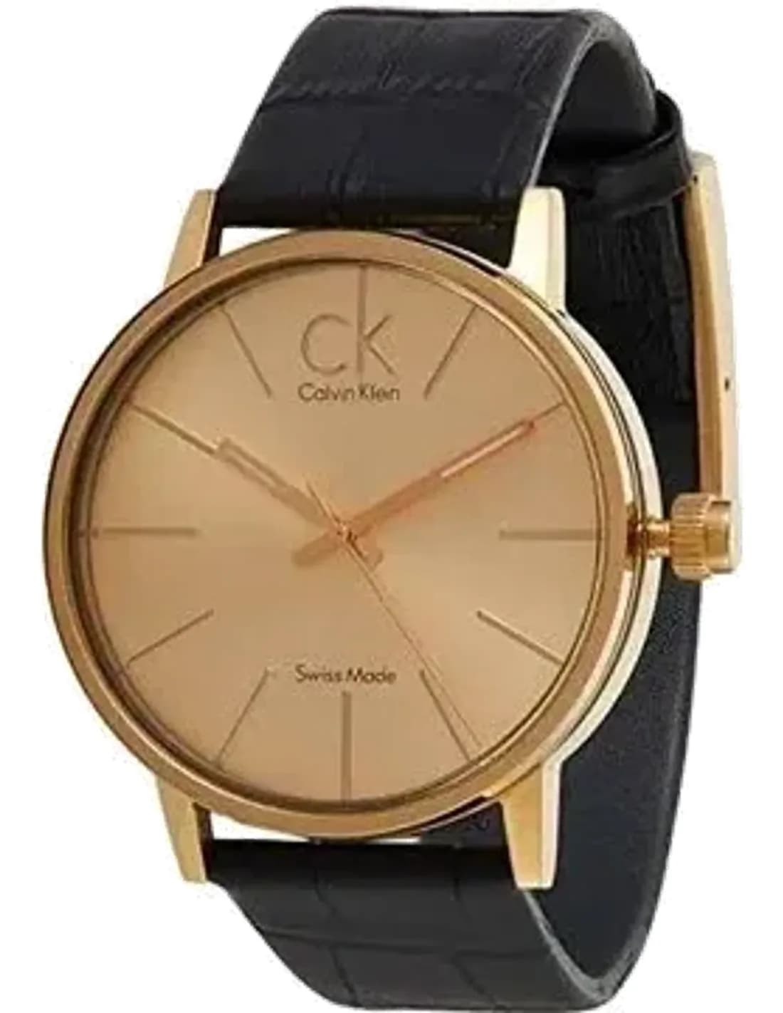 Calvin Klein Post Minimal K7621501 quartz gold tone dial black leather strap men’s watch