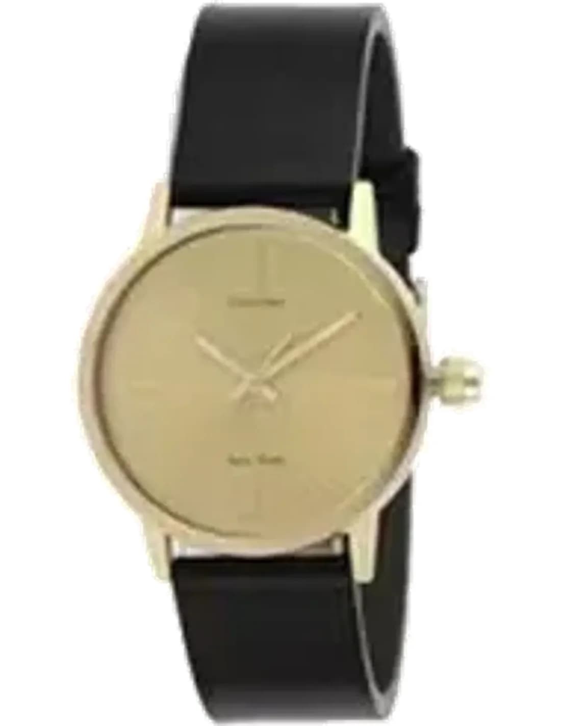 Calvin Klein Post Minimal K7622501 quartz gold tone dial black leather strap women’s watch