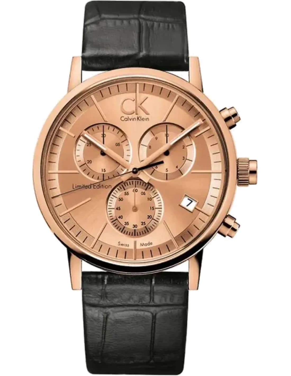 Calvin Klein Post Minimal K7627201 chronograph rose gold-tone dial black leather strap men’s watch