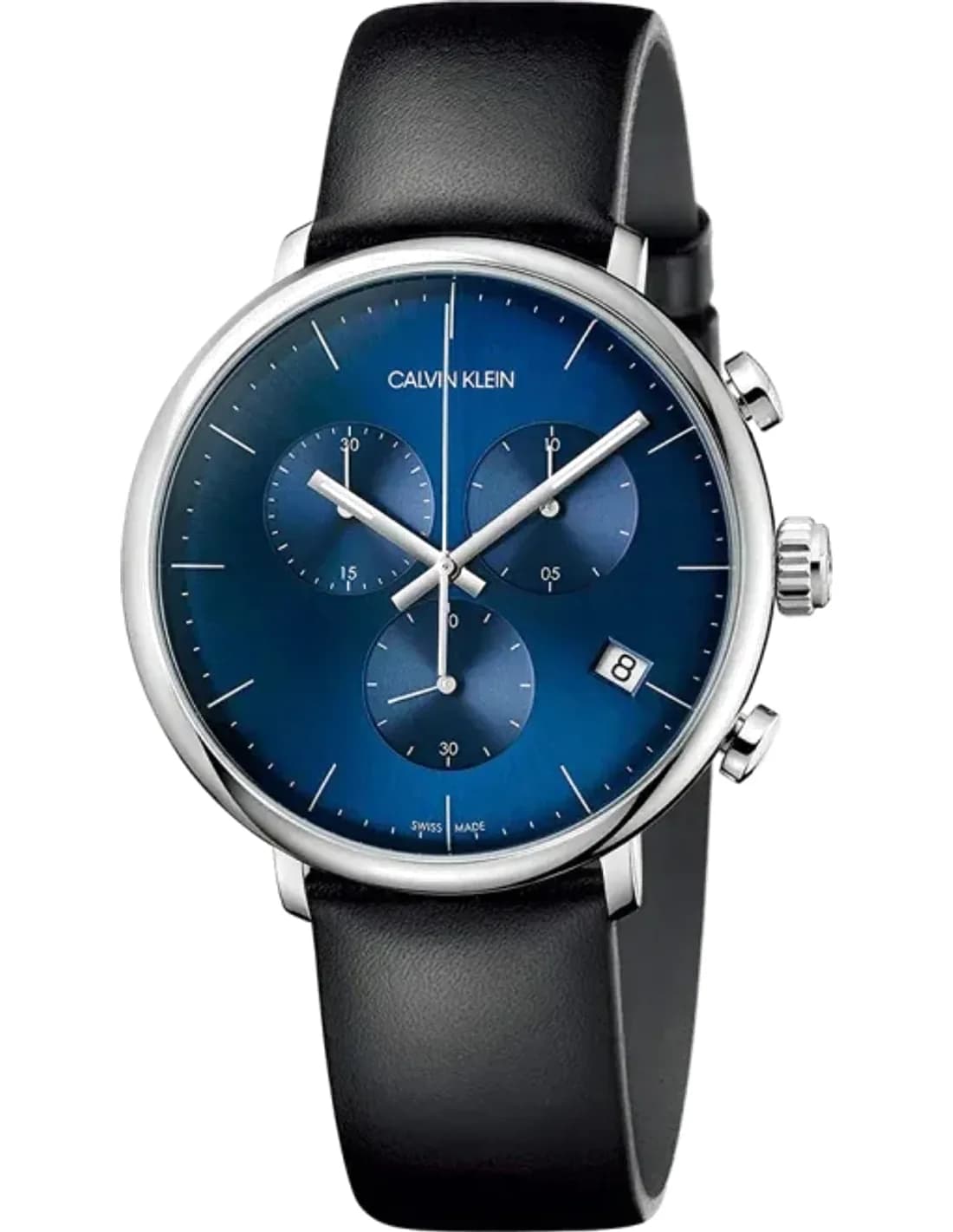 Montre Homme Calvin Klein High Noon K8M271CN Chronographe cadran bleu bracelet cuir noir