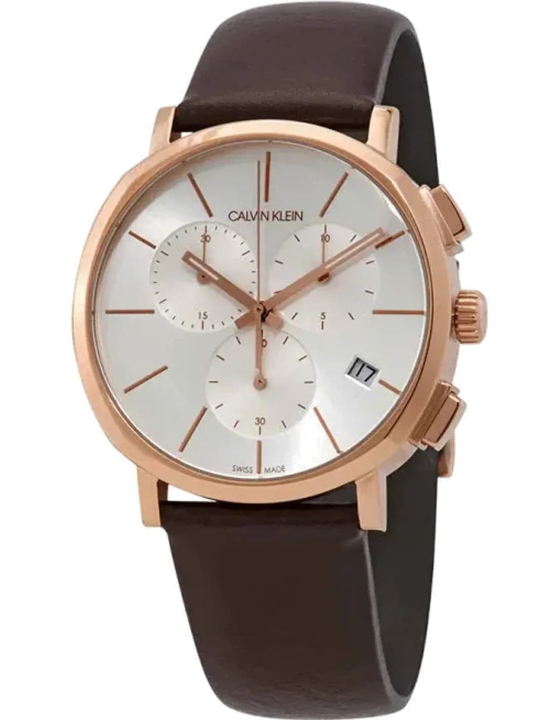 Calvin Klein Posh K8Q376G6 chronograph silver dial brown leather strap men’s watch