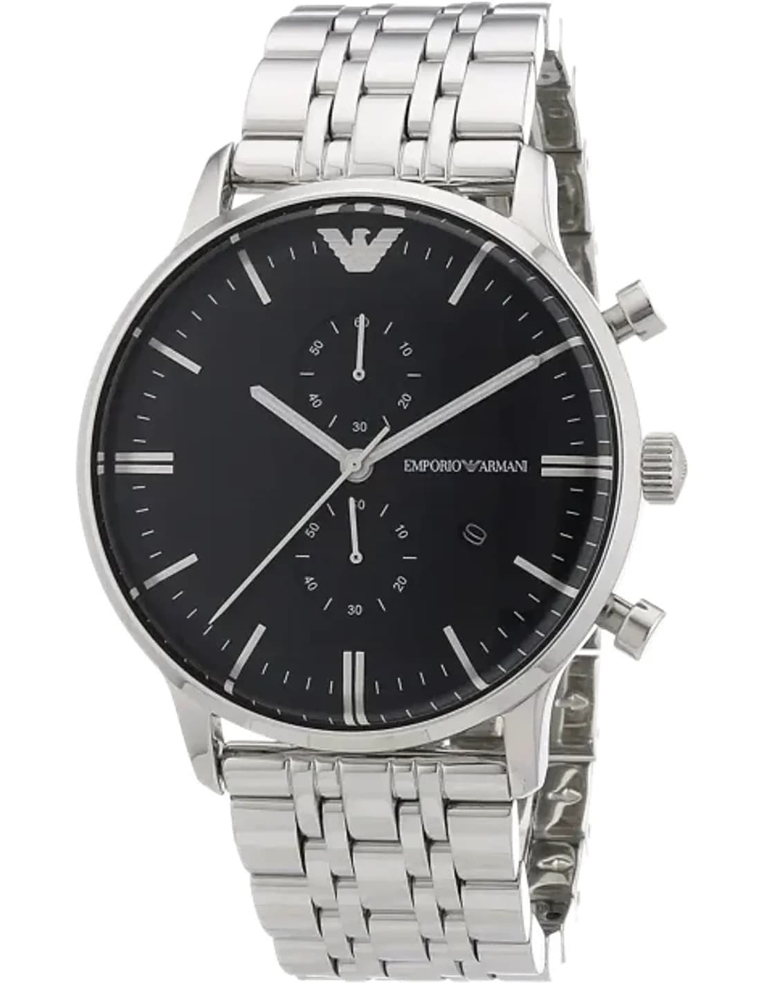 Montre Emporio Armani AR0389 Chronographe en Acier Brossé et Cadran Noir