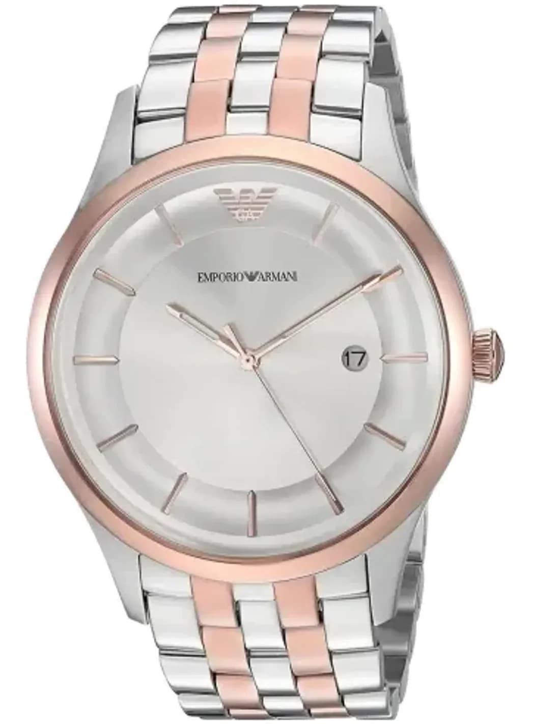 Emporio Armani AR11044 Silver Steel Watch with Grey Dial and Rose Gold Details