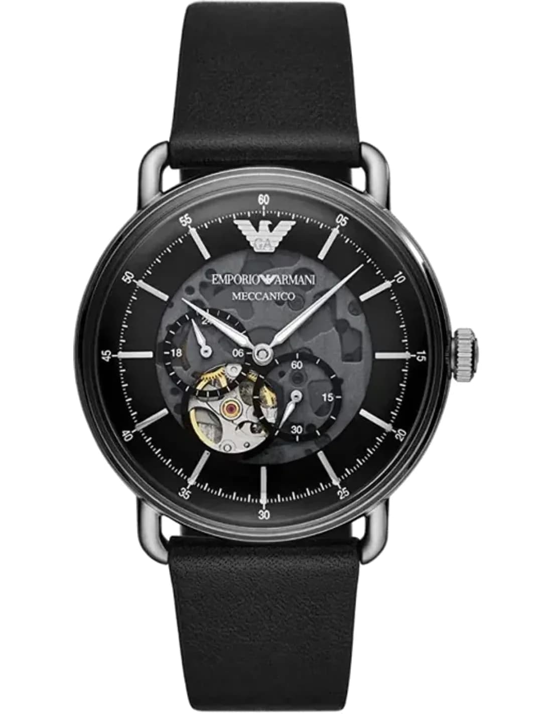 Emporio Armani Meccanico AR60026 Skeleton Dial Black Leather Strap Watch