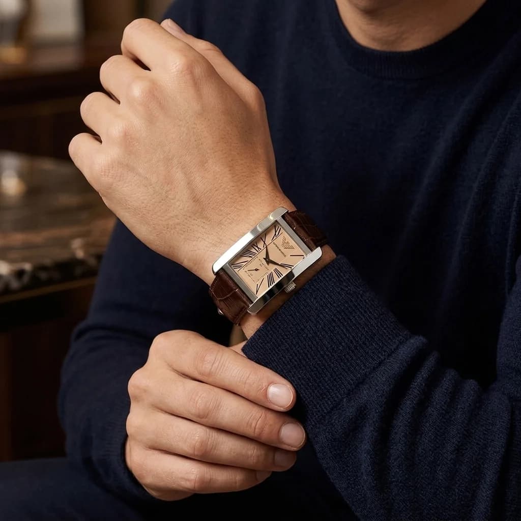 Emporio Armani AR0154 — montre homme rectangulaire — bracelet cuir marron élégant vue 4