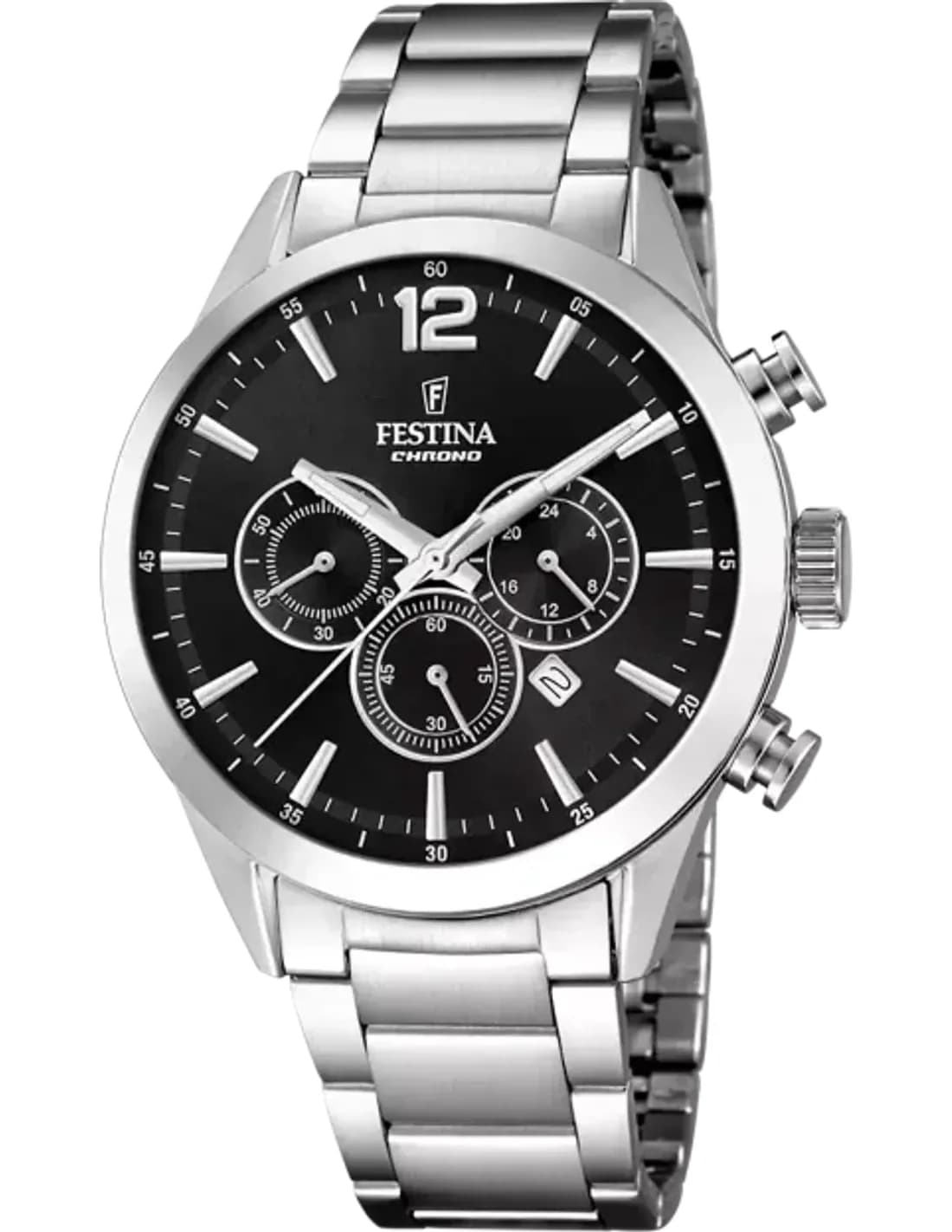 Festina F20343/8 Silver Stainless Steel Watch with Black Dial and Day-Date Functions