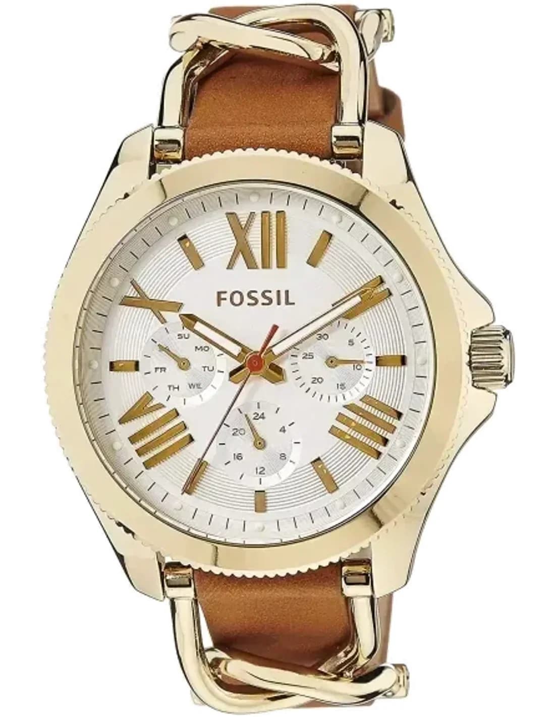 Montre Femme Fossil Cecile AM4619 Bracelet brun en cuir avec maillons dorés