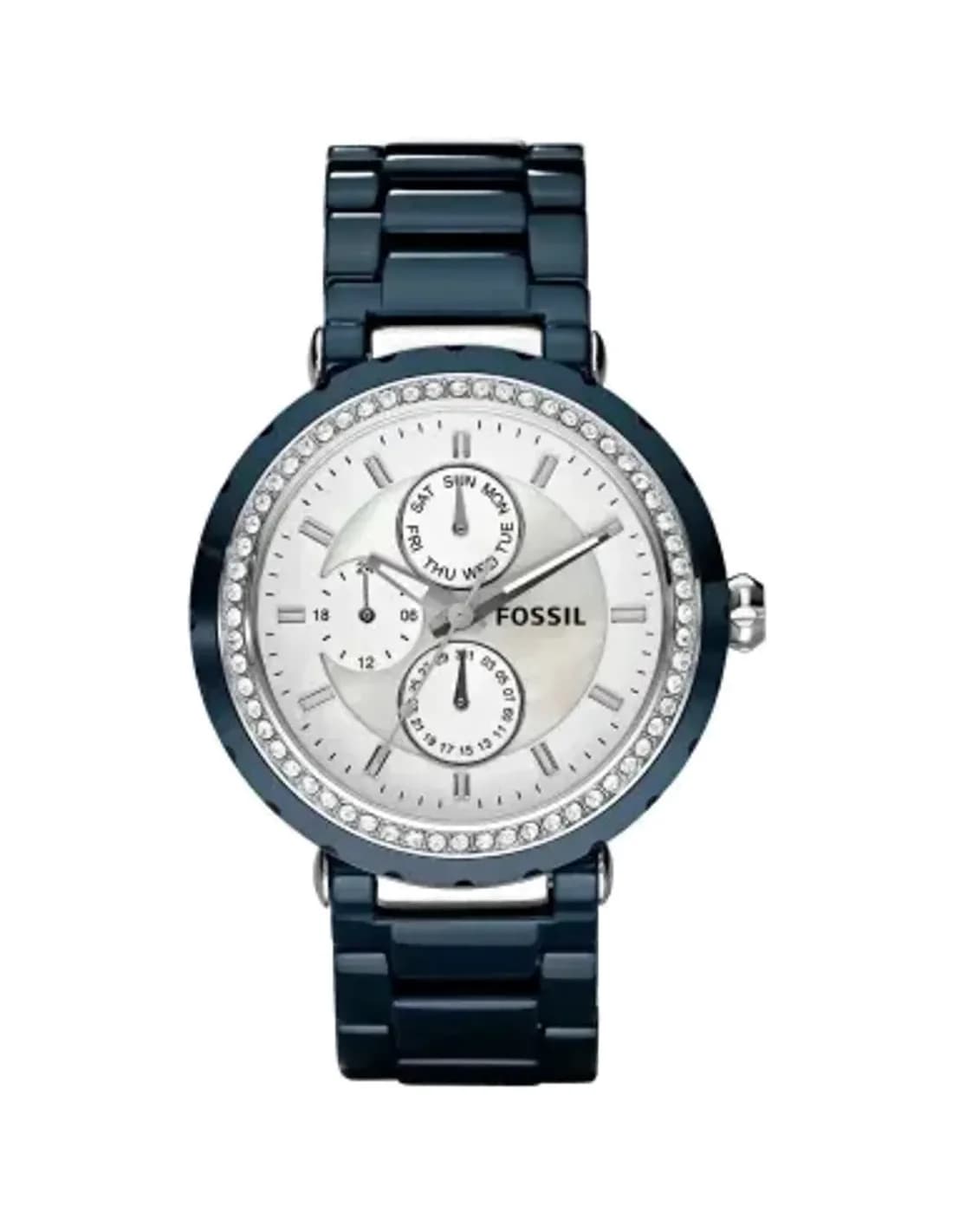 Montre Femme Fossil CE1047 en céramique bleue et acier brillant