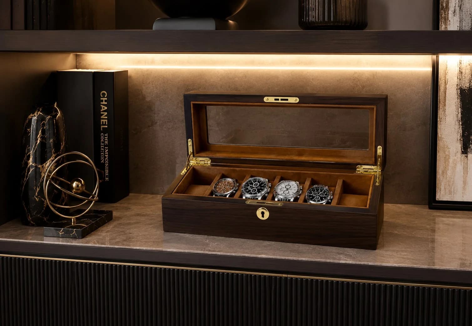 Boîte à montres Ravello 6 compartiments en noyer véritable avec couvercle vitré vue 4