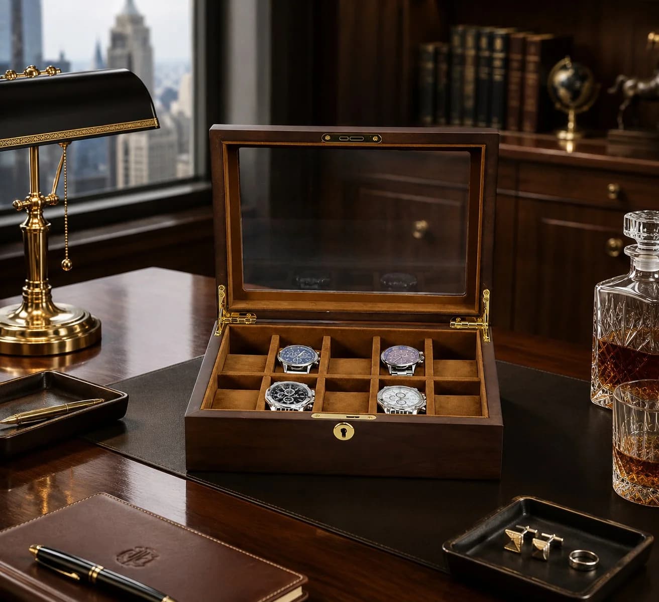 Ravello watch box 10 compartments genuine walnut wood storage case vue 3