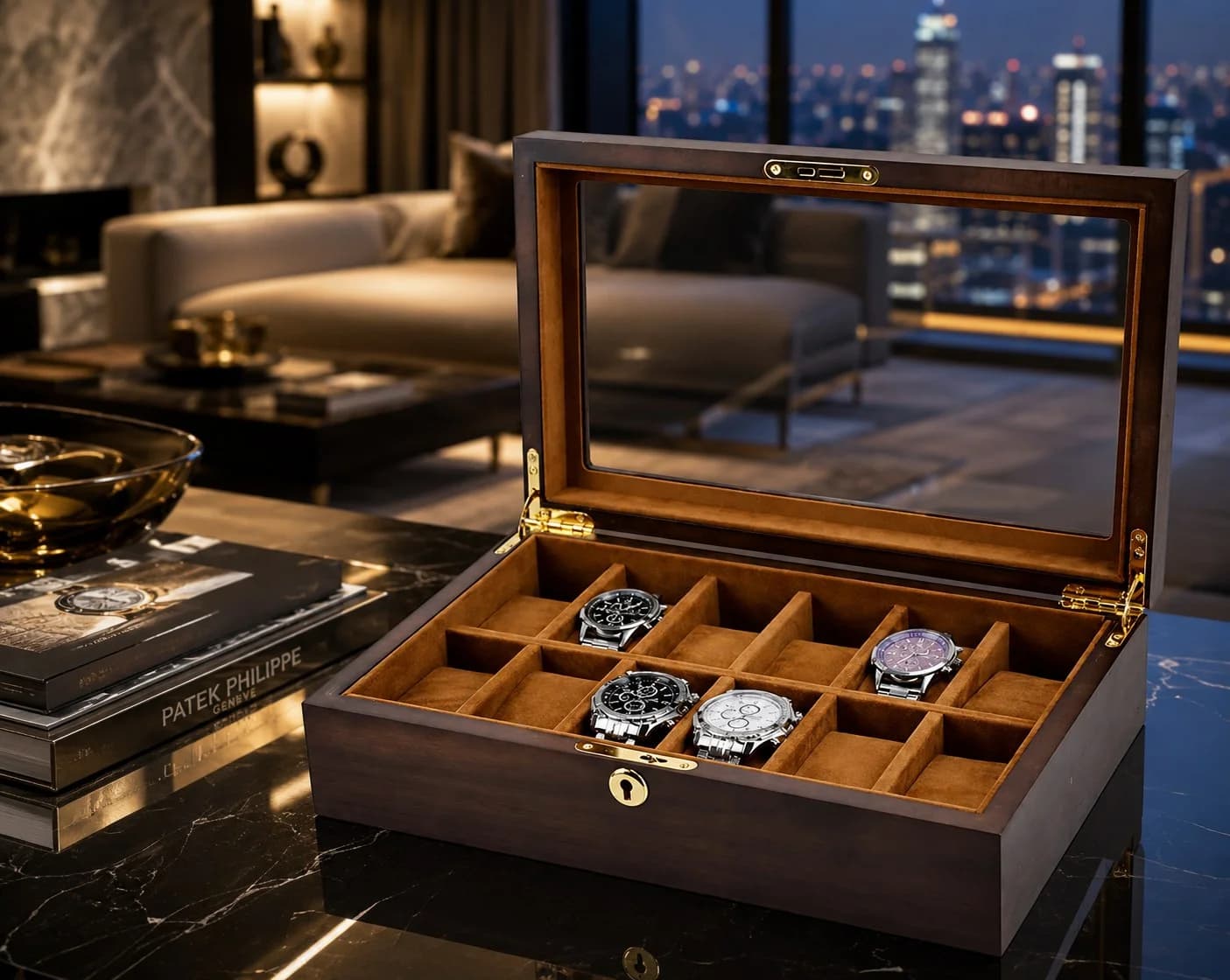 Ravello 12-Compartment Watch Storage Box in Genuine Walnut Wood vue 5