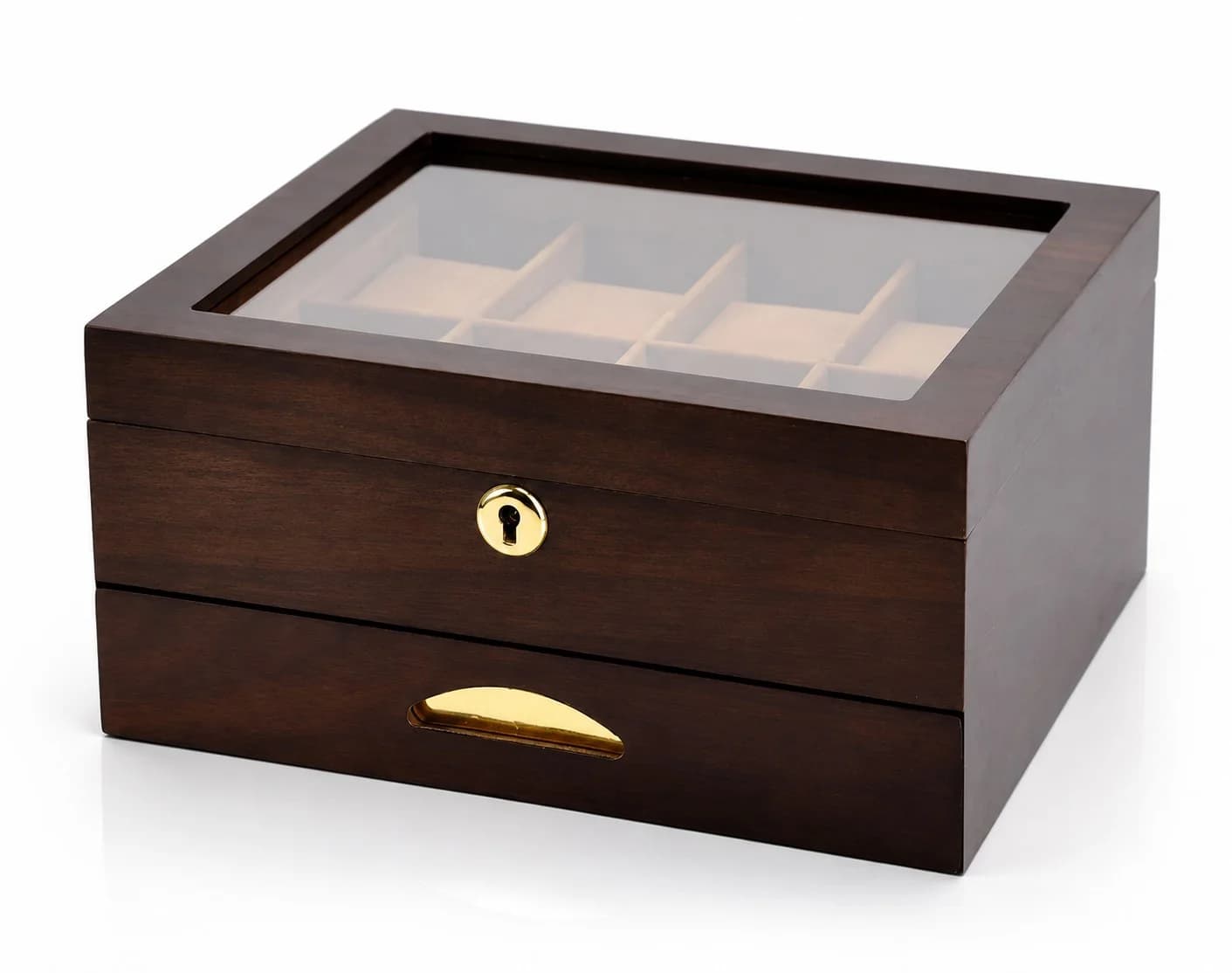 Ravello Watch & Jewelry Box, Walnut Wood, 8 Watch Slots with Jewelry Drawer
