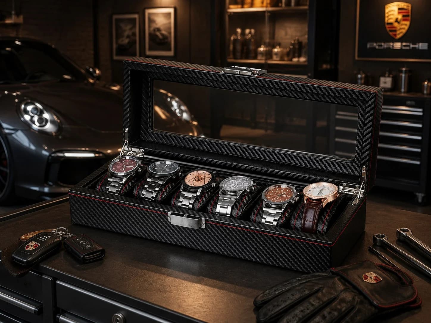 Boîte à Montres Monza 6 Compartiments Effet Carbone Composite Noir vue 4