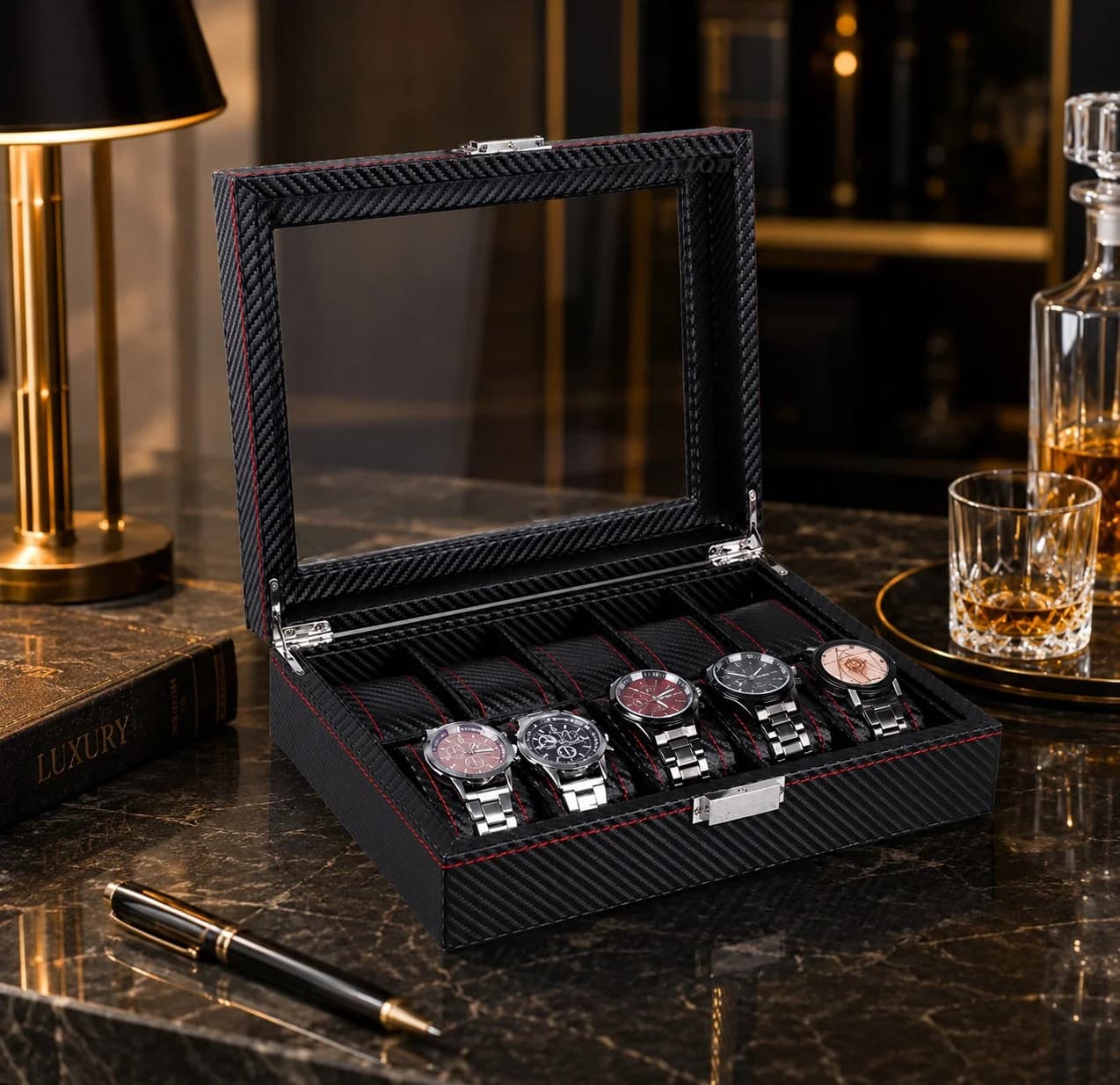 Boîte à Montres Monza 10 Compartiments Effet Carbone Composite Noir vue 4