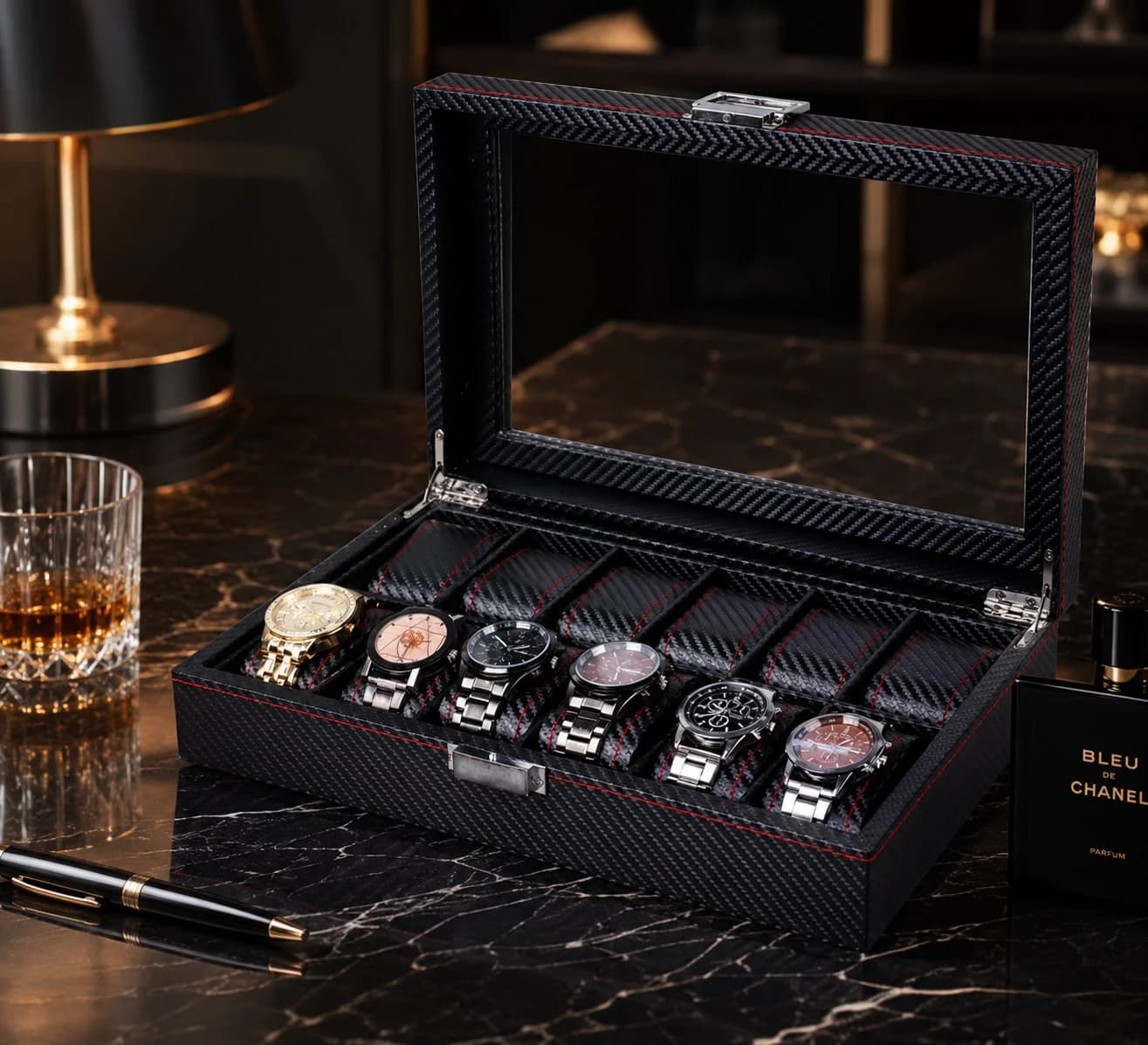 Boîte à montres Monza 12 compartiments : coffret effet carbone composite noir vue 4