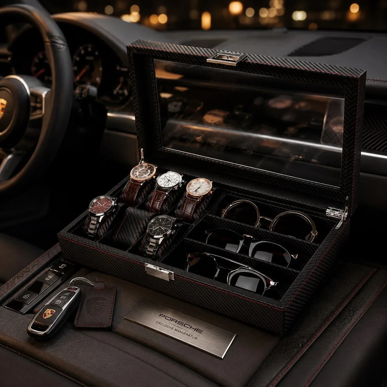 Monza Carbon-Effect Watch Box 6 Compartments and 3 Jewelry Slots vue 2