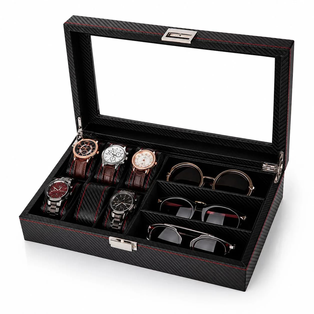 Monza Watch Box, Carbon Finish, 6 Watch Slots + 3 Jewelry Compartments