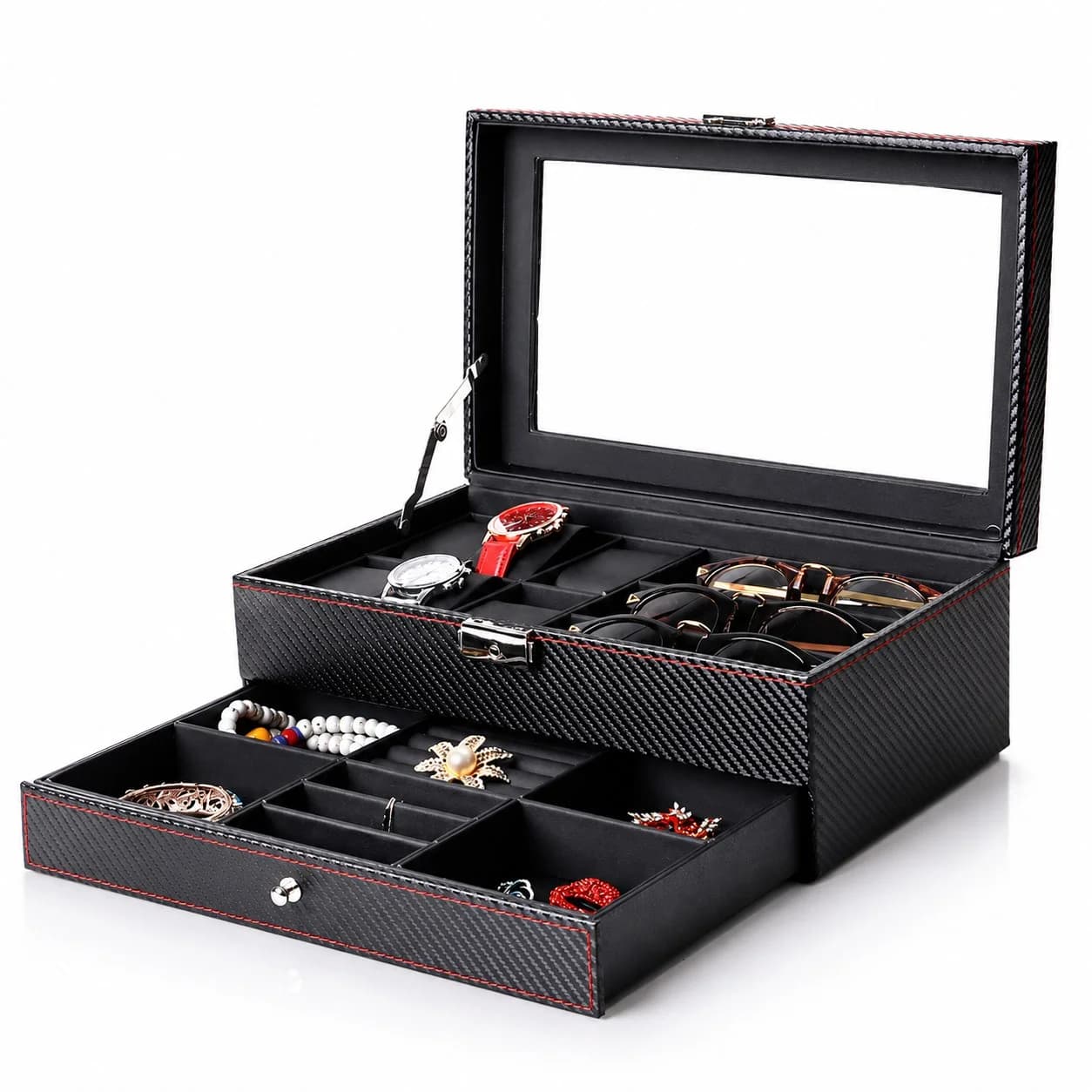 Monza Watch & Jewelry Chest, Carbon Finish, Double Drawer