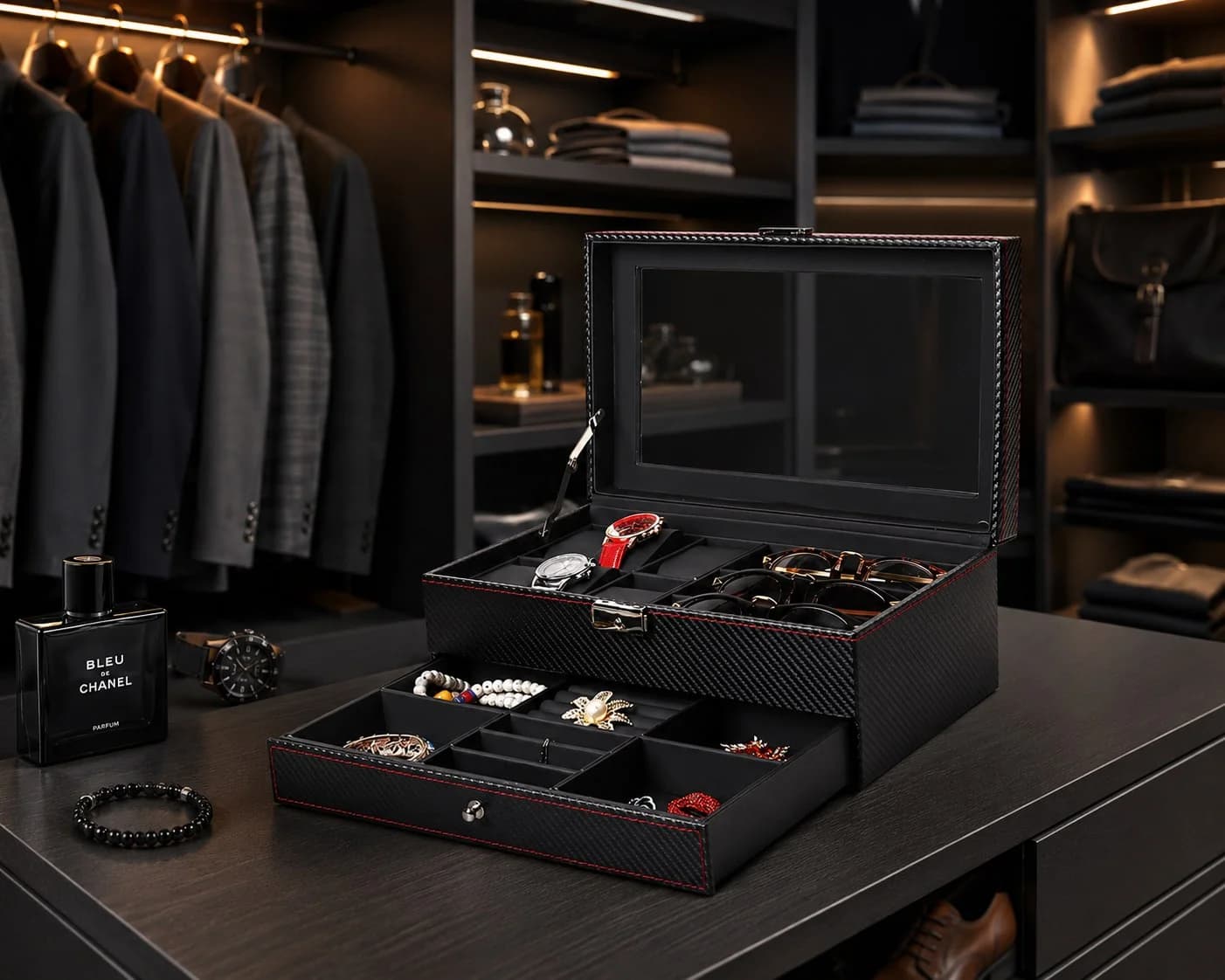 Monza Carbon-Effect Watch Box: 6 Compartments + Double Jewelry Drawer vue 3