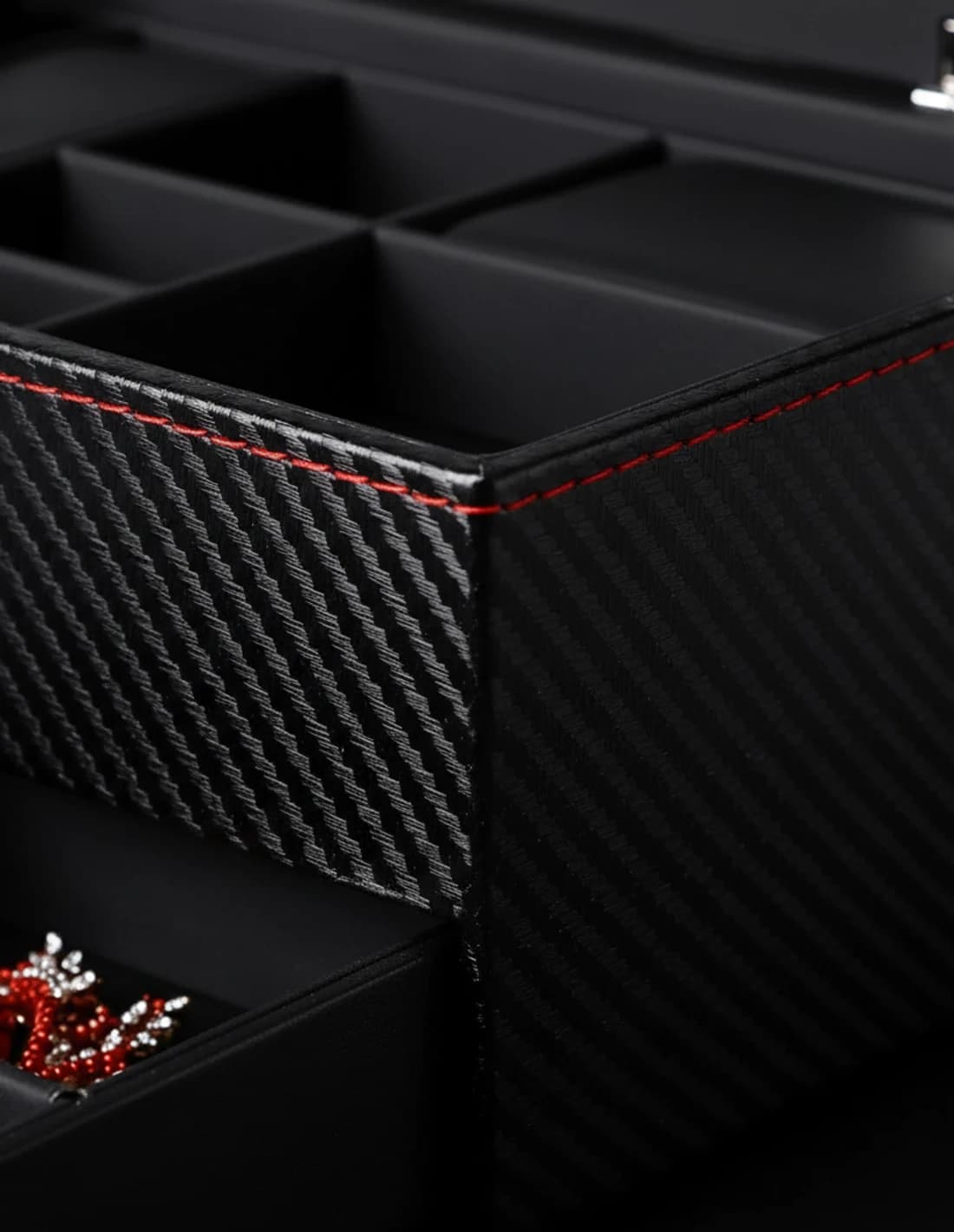 Monza Carbon-Effect Watch Box: 6 Compartments + Double Jewelry Drawer vue 4