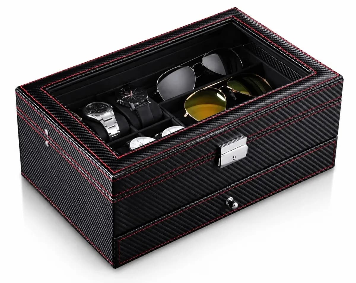 Monza Carbon-Effect Watch Box: 6 Compartments + Double Jewelry Drawer vue 2