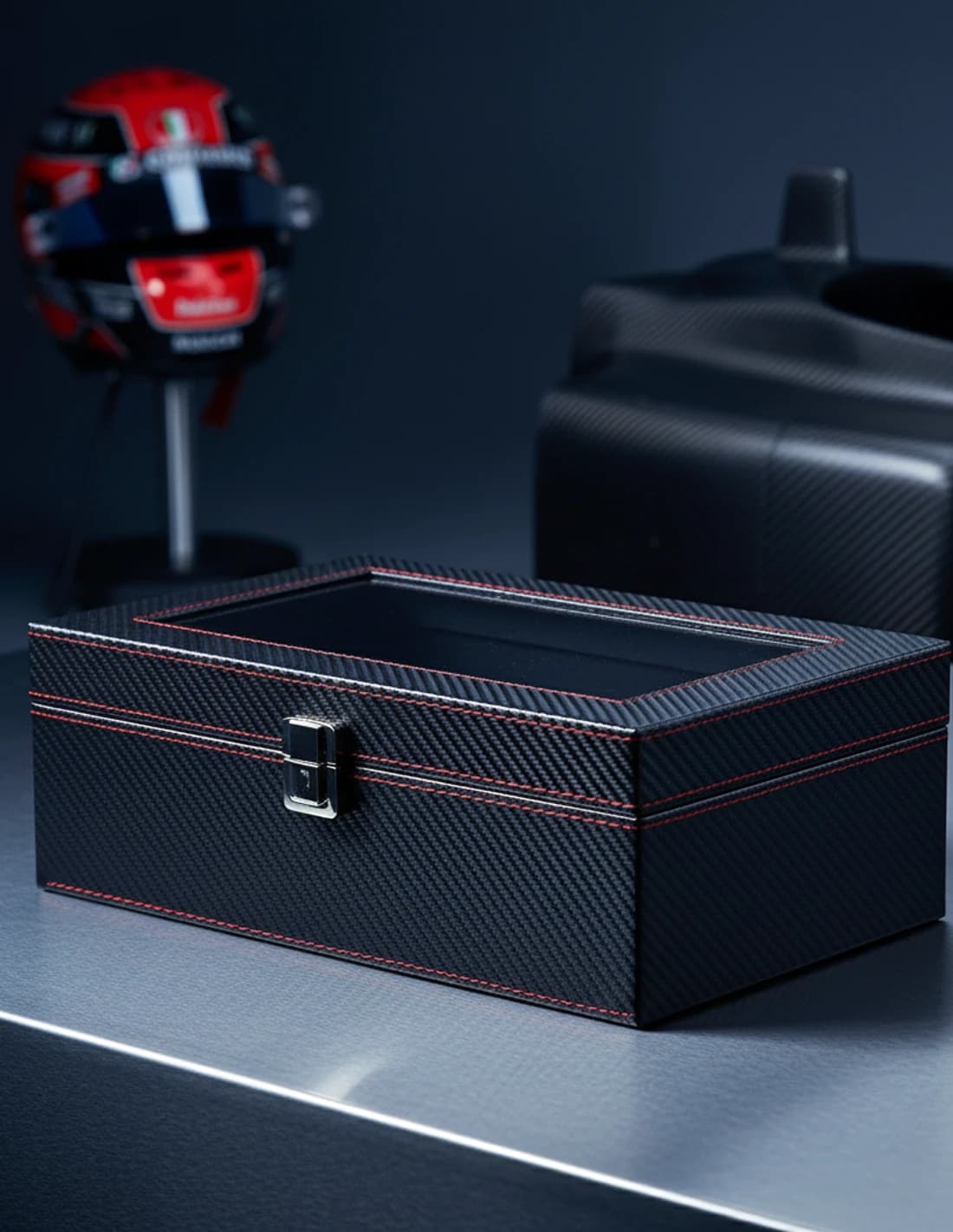 Monza Carbon-Effect Watch Box: 6 Compartments + Double Jewelry Drawer vue 5