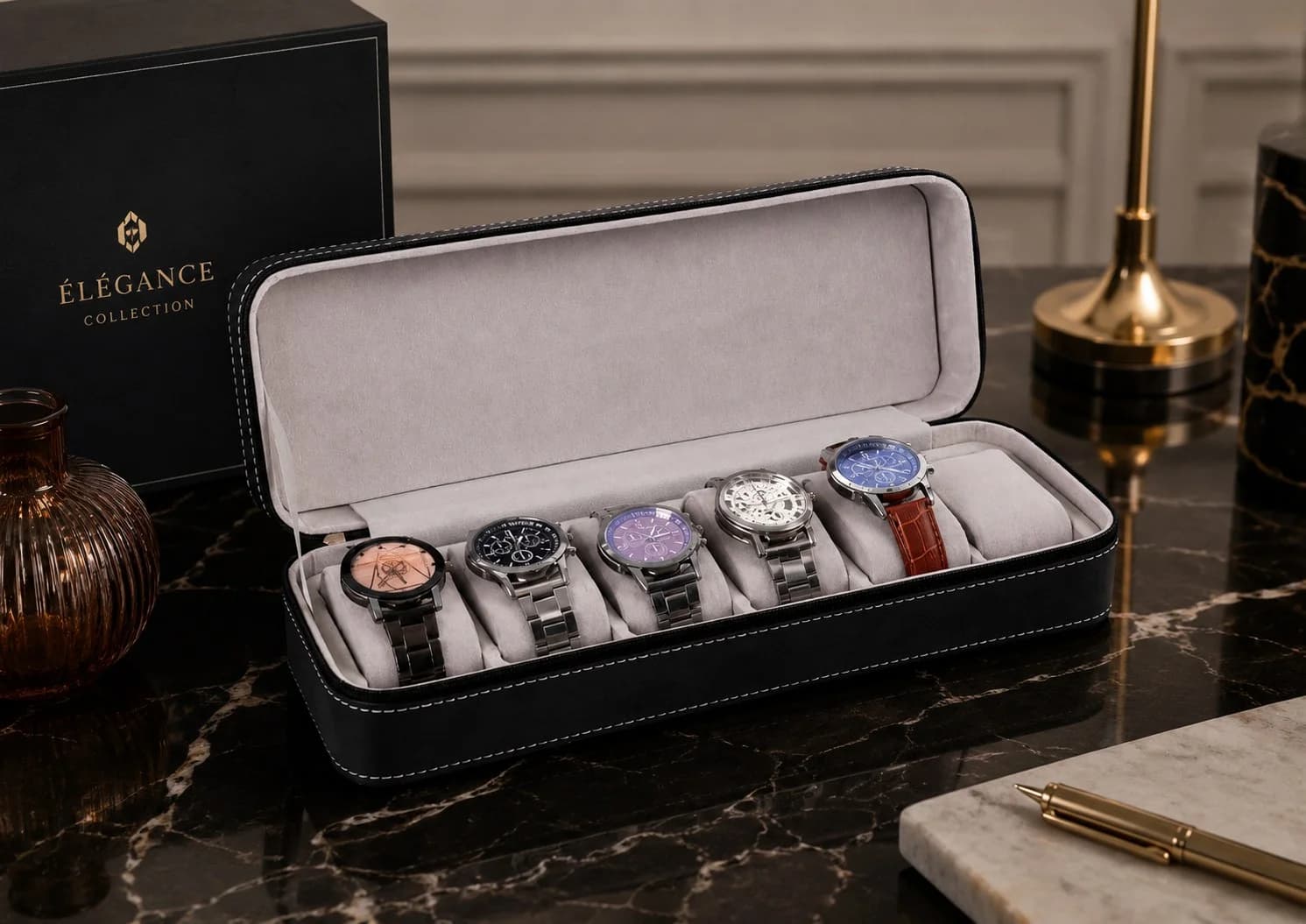 Housse Voyager 6 Compartiments pour Montres : Étui Souple Simili-Cuir Noir vue 3