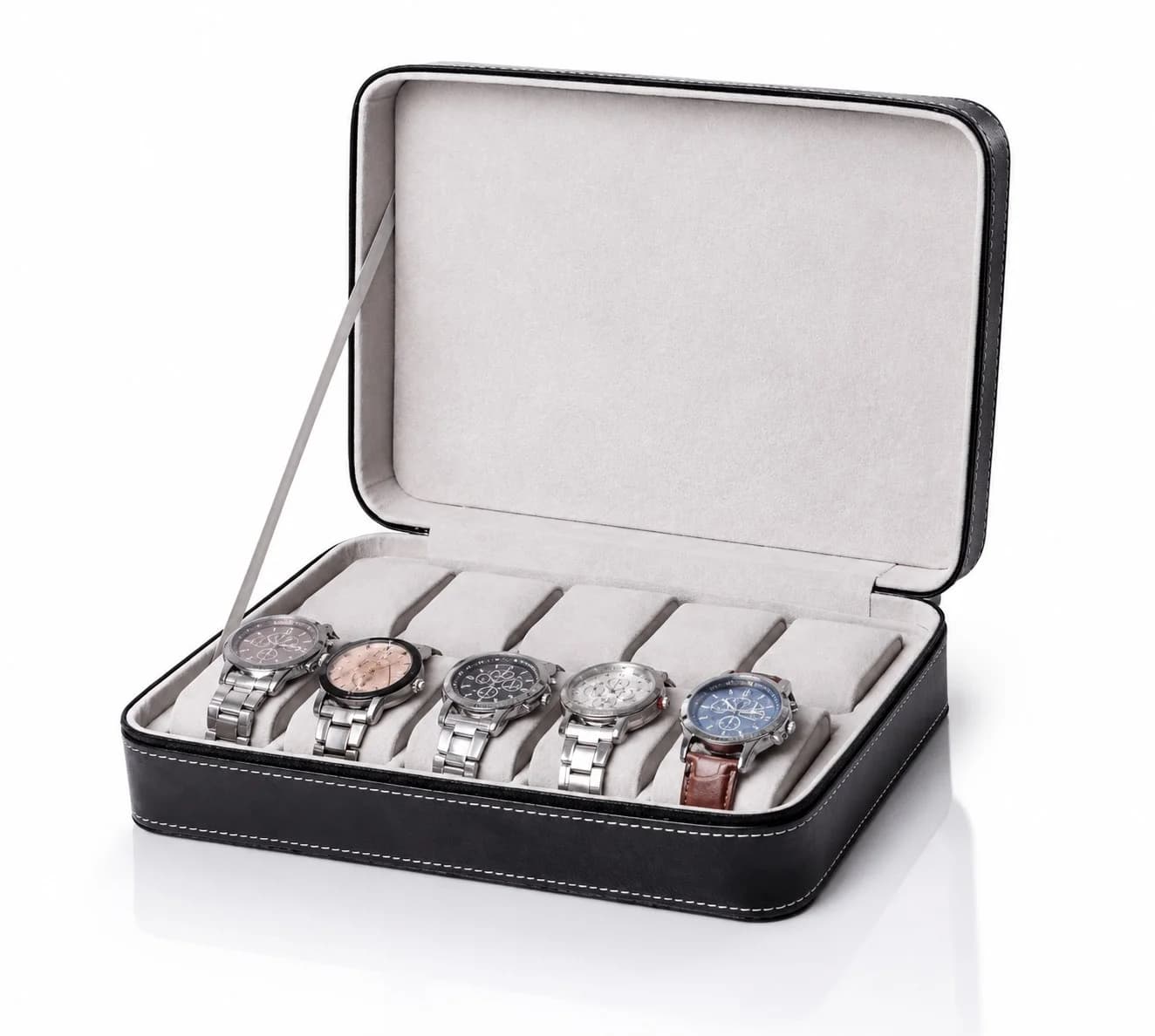 Voyager 10-Watch Storage Case Black Faux Leather Travel Pouch