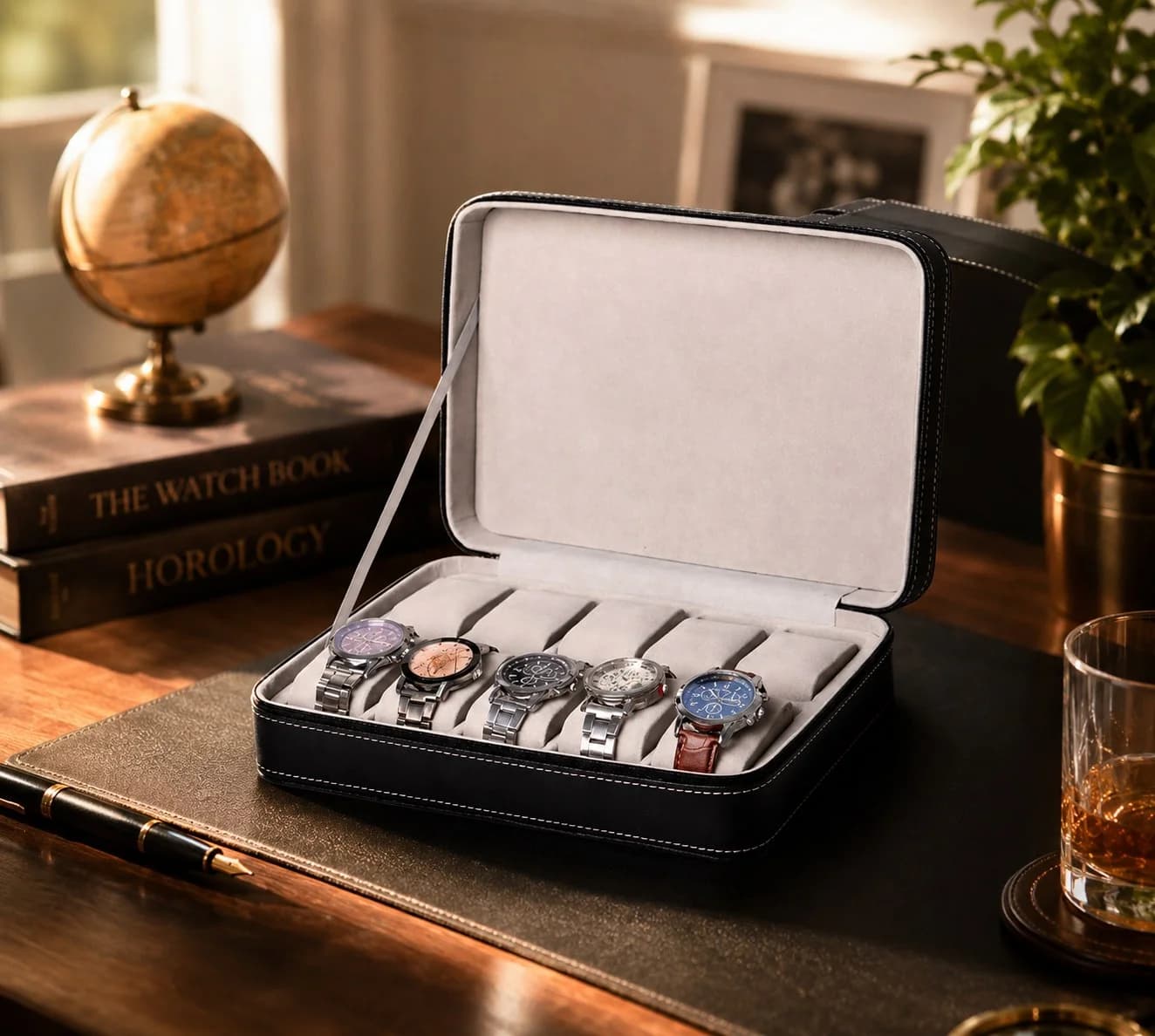 Housse Voyager 10 compartiments simili-cuir noir, pochette rangement montres vue 3