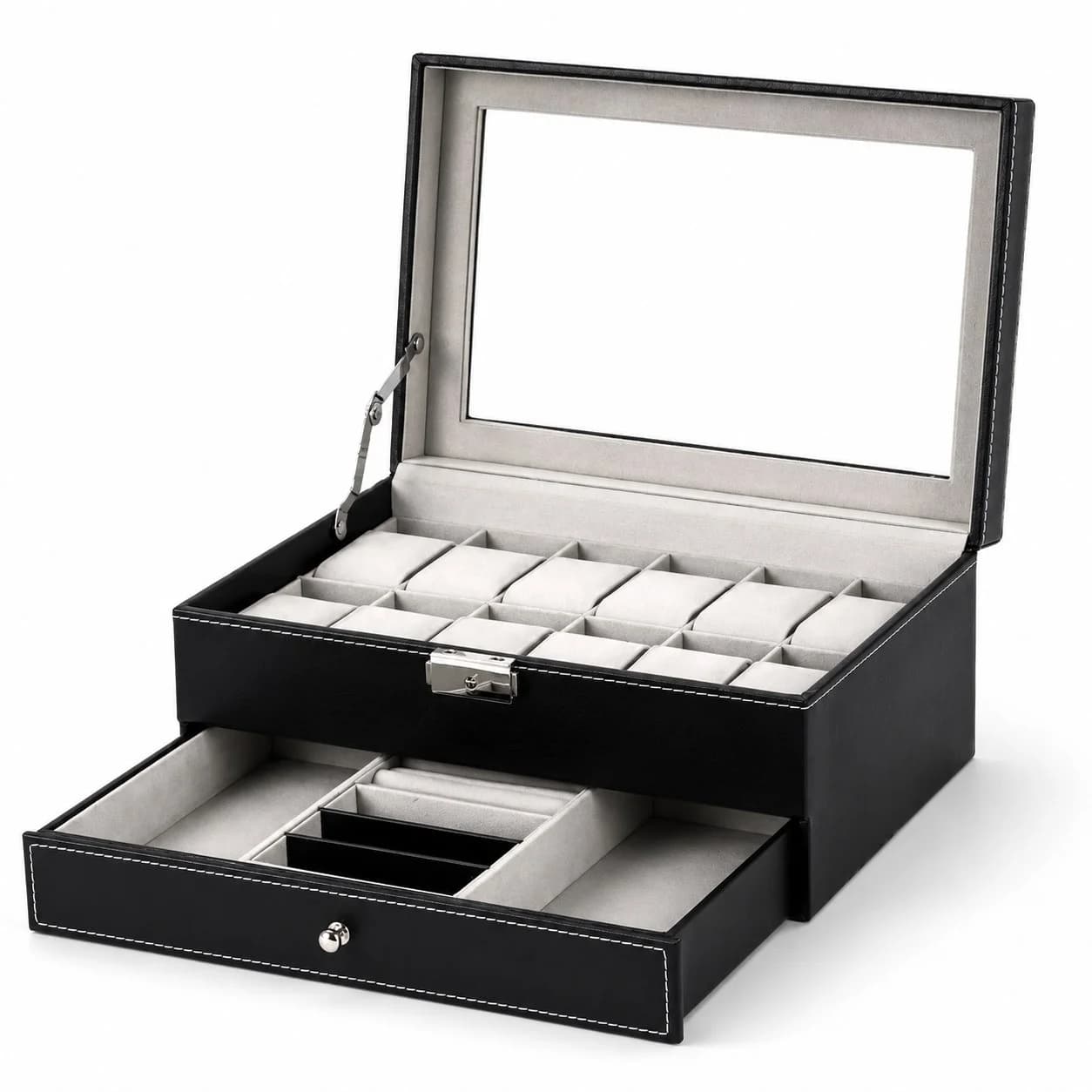 Bellagio Black Mixed Watch Box 12 Slots + Jewelry Drawer Double Tier Faux Leather vue 2