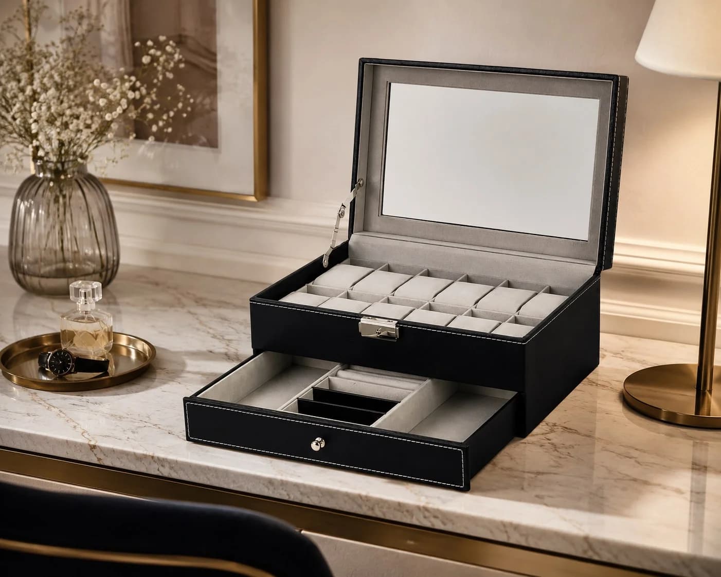 Bellagio Black Mixed Watch Box 12 Slots + Jewelry Drawer Double Tier Faux Leather vue 3