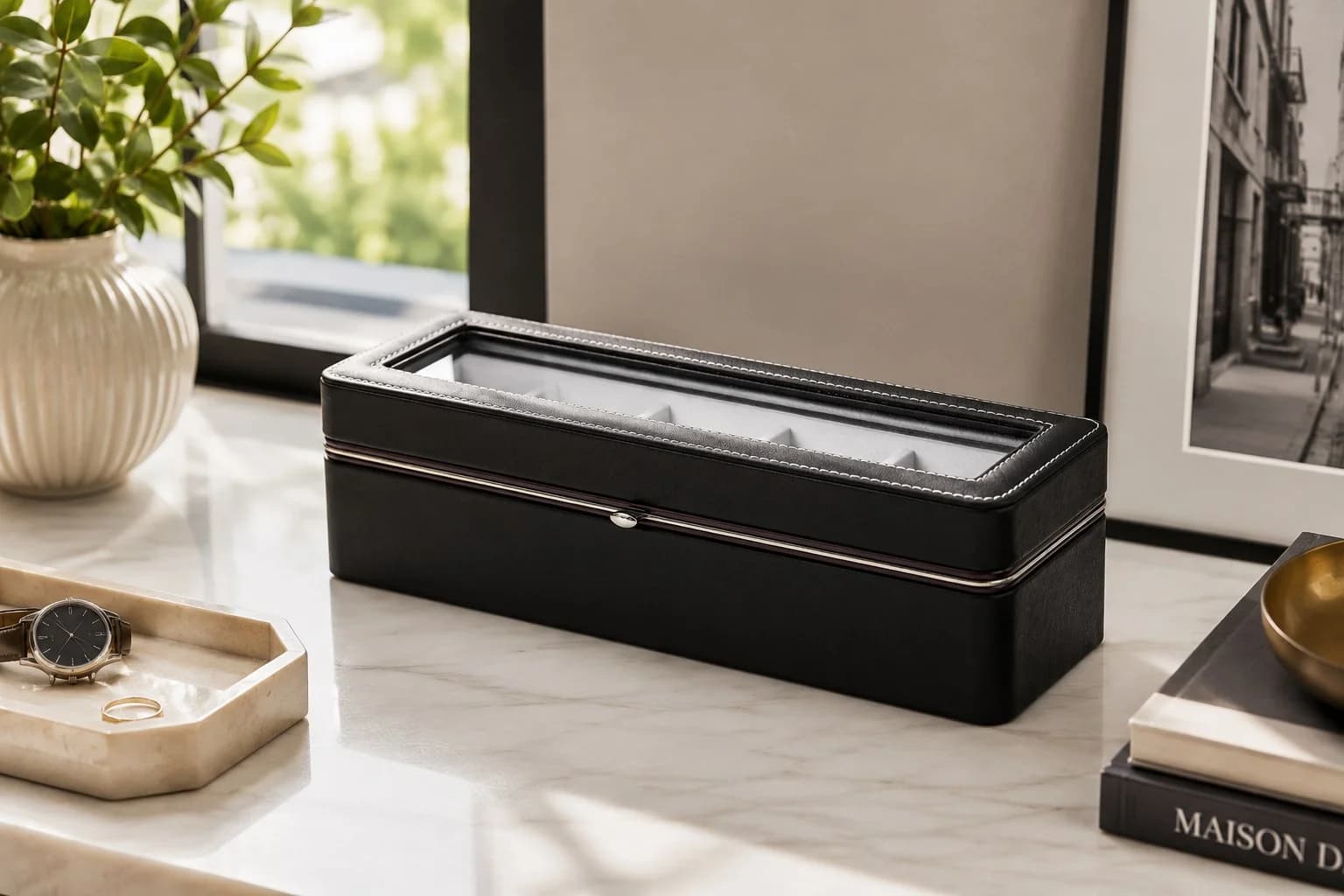 Sorrento 6-Watch Box Black with Metal Frame and Metal Hinges vue 3