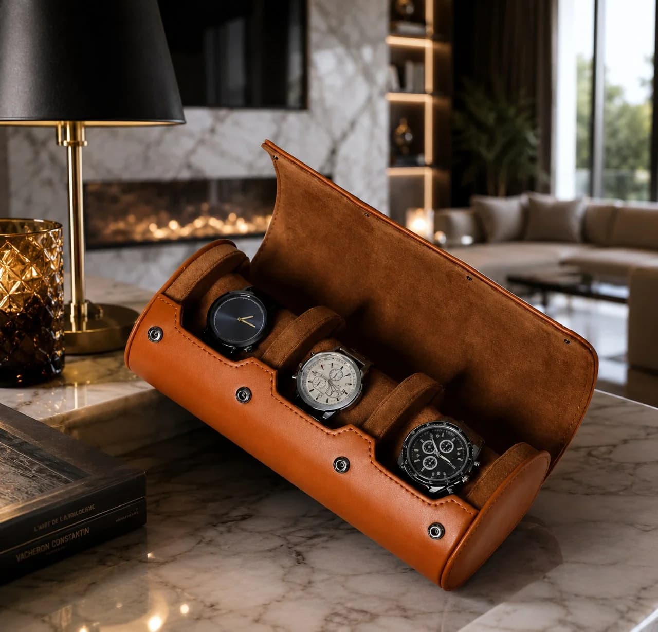 Étui Compact Voyage Verona en Cuir Végétalien pour 3 Montres Marron Clair vue 2