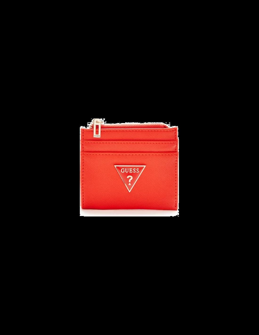 Portefeuille Guess rouge logo plaque métal triangle