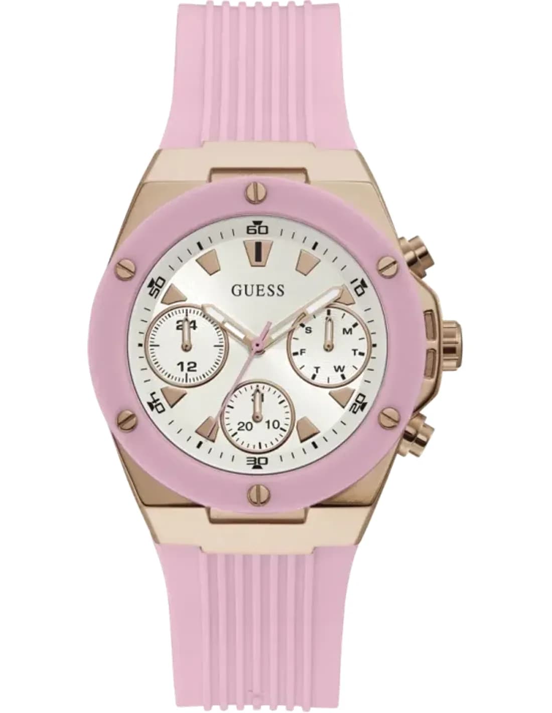 Guess Rosegold-tone 39mm Case GW0030L4 White Dial Pink Silicone Strap Multi function Women’s Watch