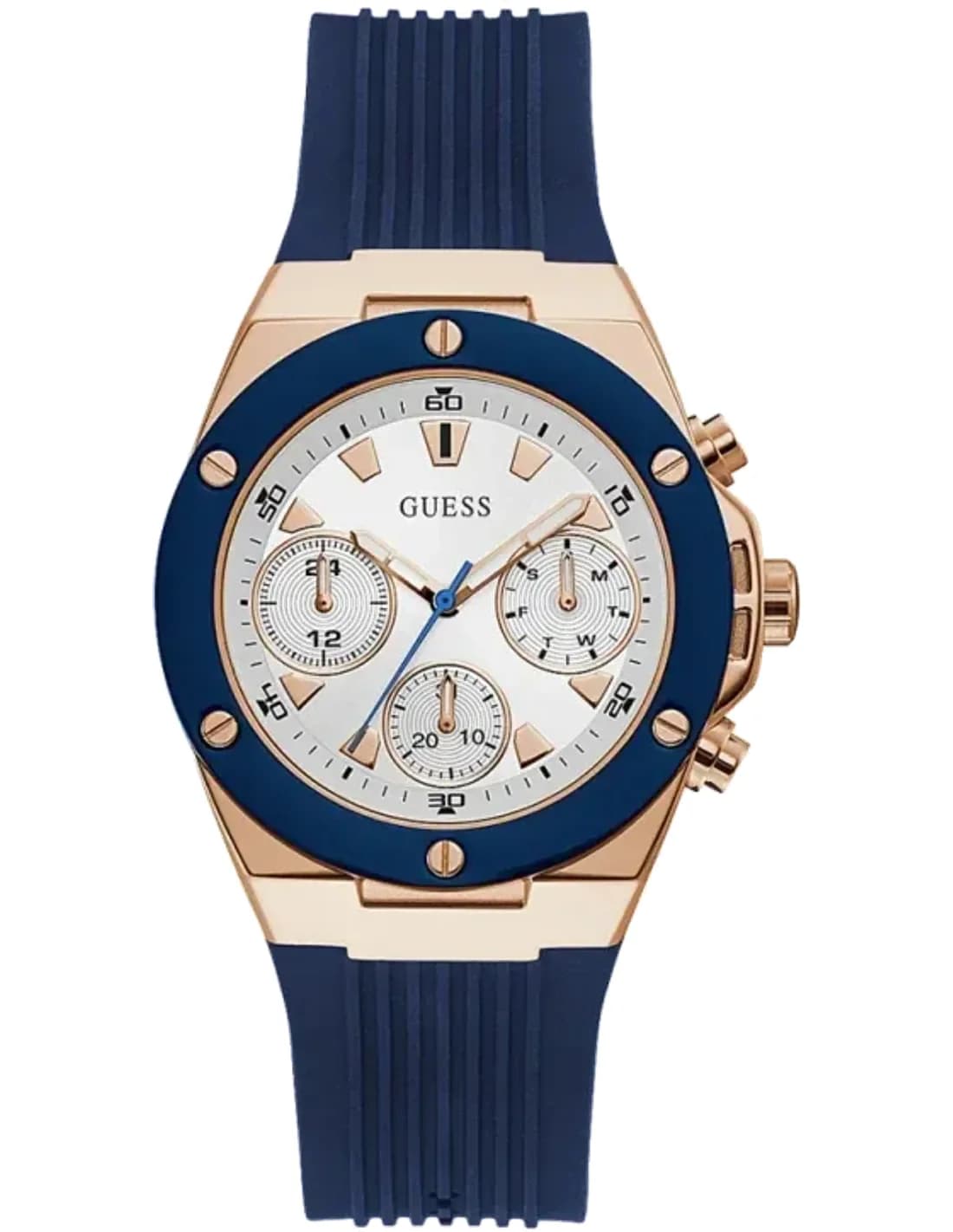 Guess Rosegold 39mm Case GW0030L5 White Dial Blue Silicone Strap Multi function Women’s Watch