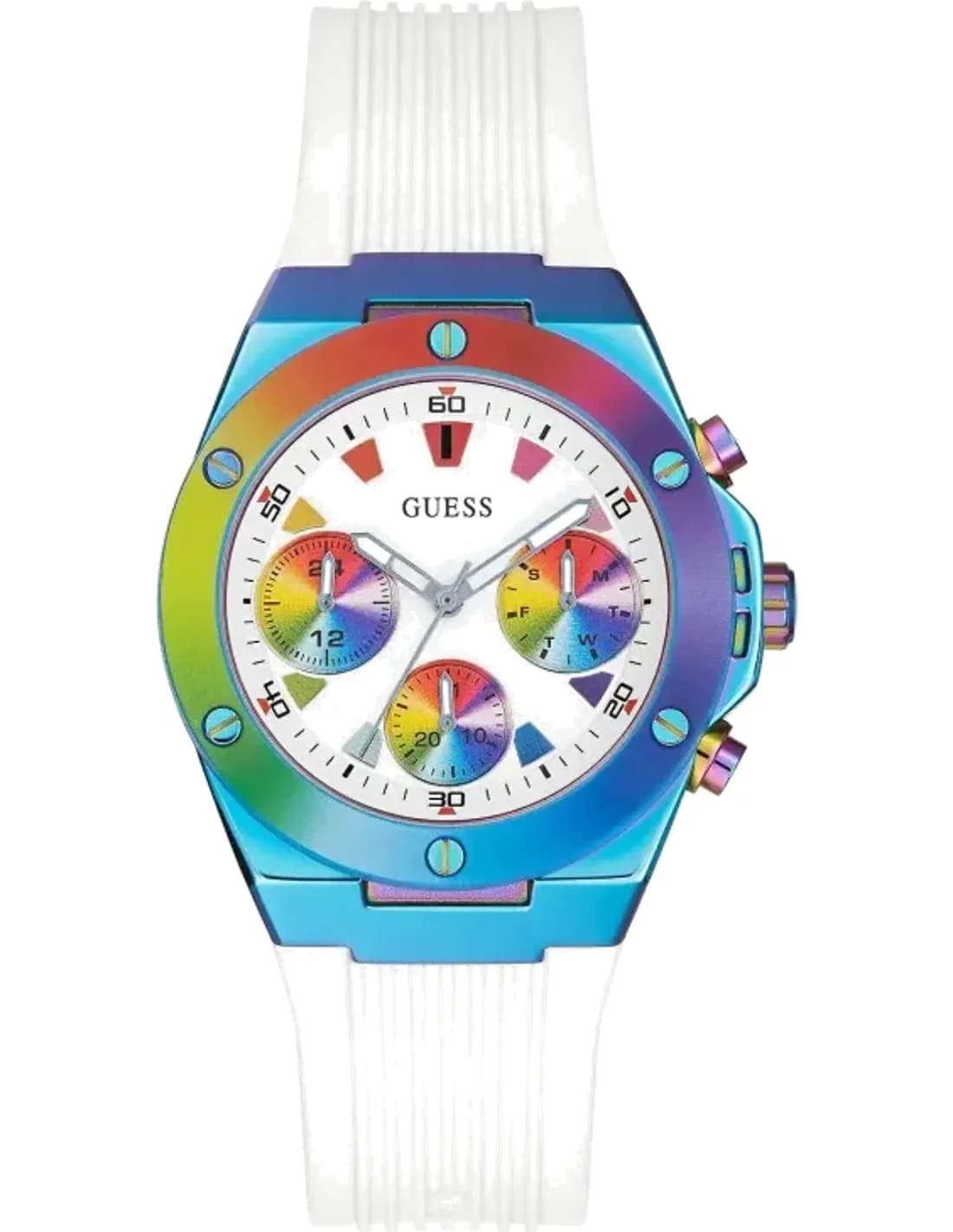 Guess Blue 39mm Case GW0030L6 White Dial Silicone Strap Multi function Women’s Watch