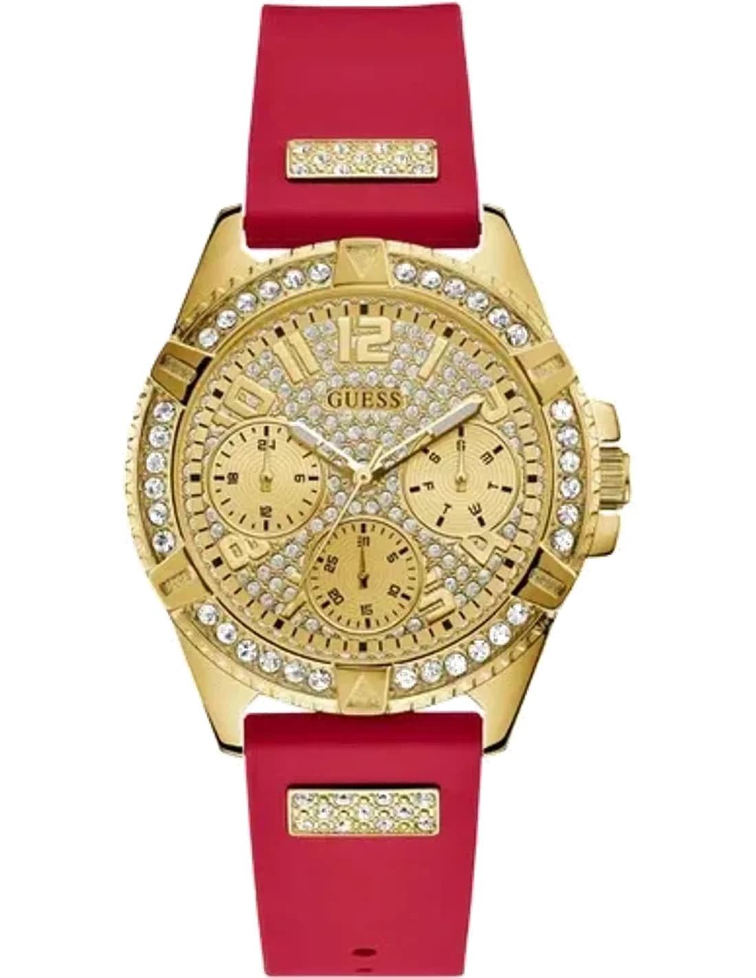 Guess Gold tone Case GW0045L2 Gold tone Dial Silicone Red Strap Multi function Women’s Watch