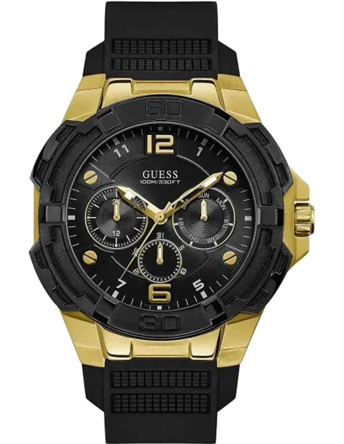 Guess Gold tone 51mm Case GW0100G1 Black Dial Silicone Strap Multi function Men’s Watch