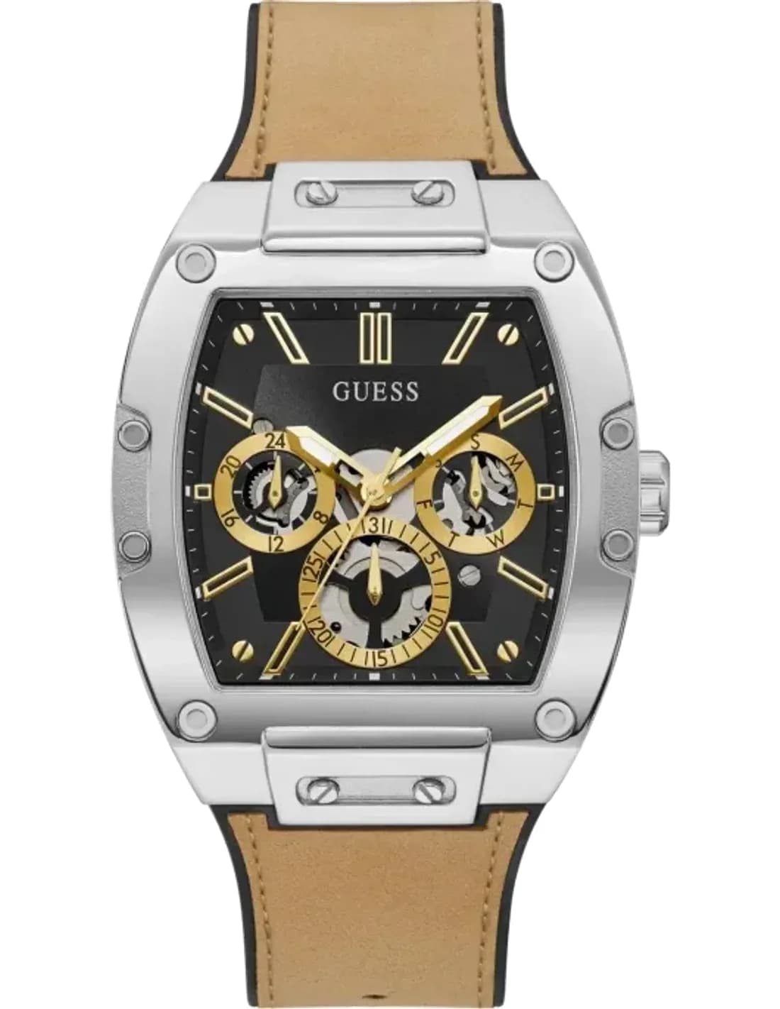 Guess Silver tone 43mm case GW0202G3 Black Dial Beige strap Multi-function Men’s Watch