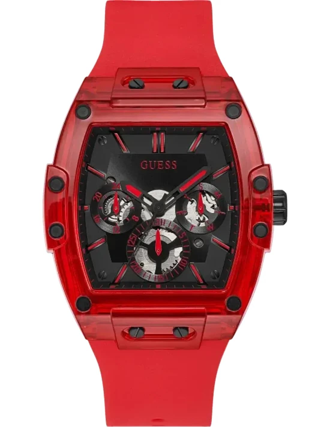 Guess Red 43mm Case GW0203G5 Black Dial Silicone Strap Multi function Men’s Watch