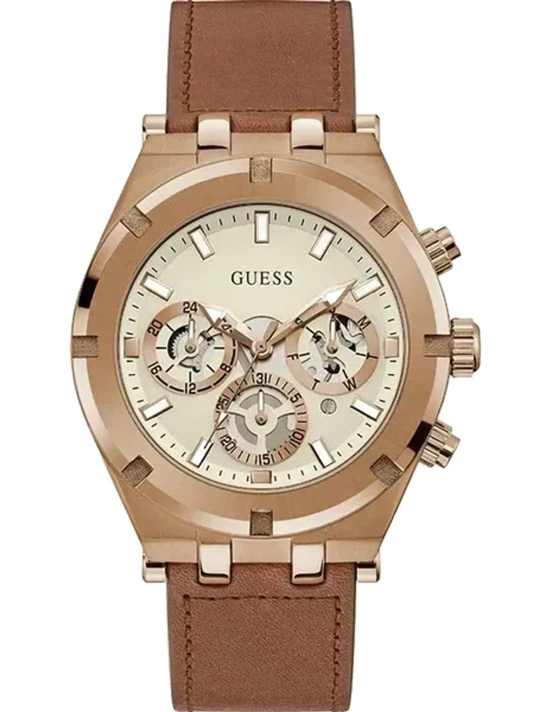Guess Coffee 44mm case GW0262G3 White Dial Brown Leather strap Multi-function Men’s Watch
