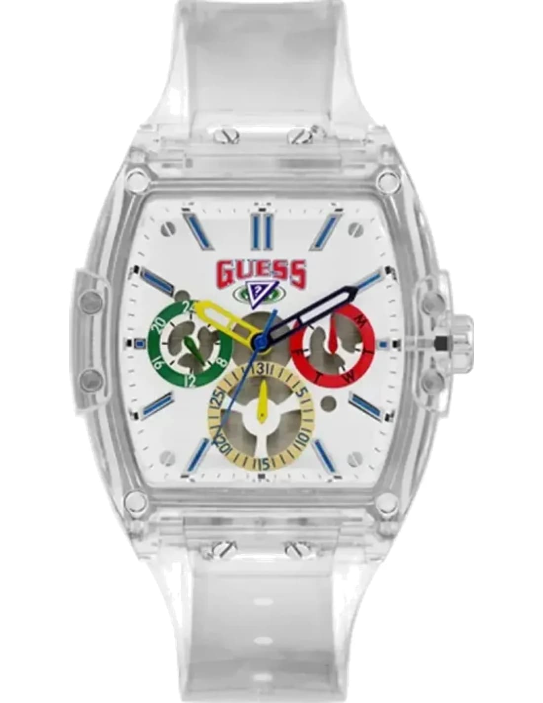Guess Clear 43mm Case V1051M1 White Dial Polycarbonate Clear Strap Multi function Men’s Watch